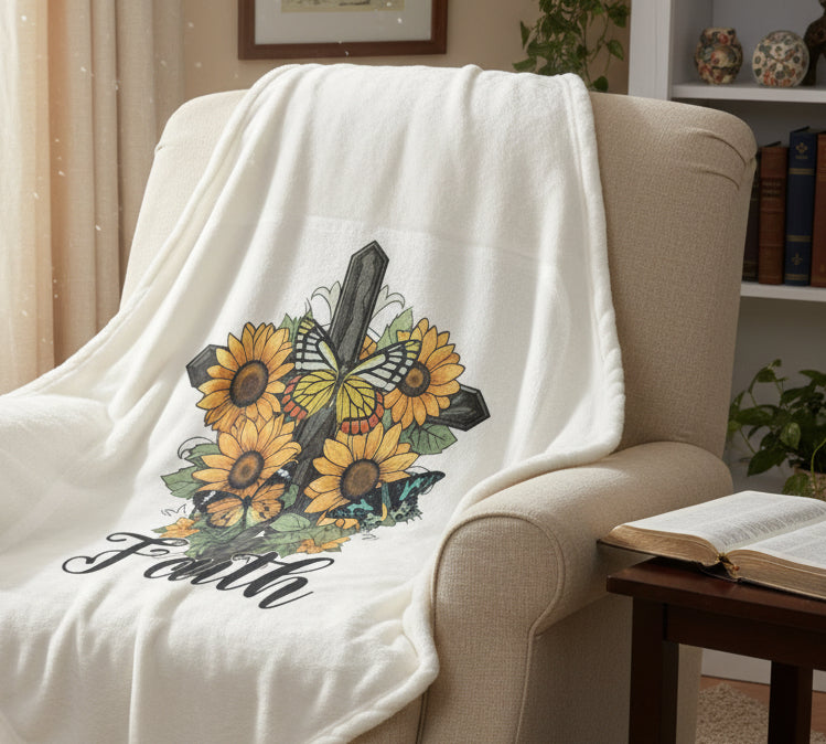 Faith Sunflower and Butterfly Cross cozy Christian blanket throw