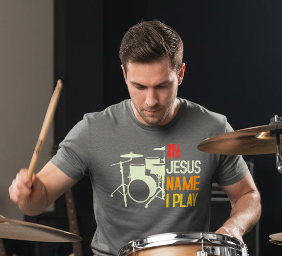 In Jesus Name I Play Christian drummer graphic tee shirt