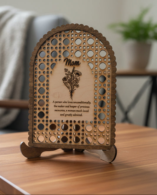 "Mom" floral engraved wooden arch plaque with stand mothers day gift