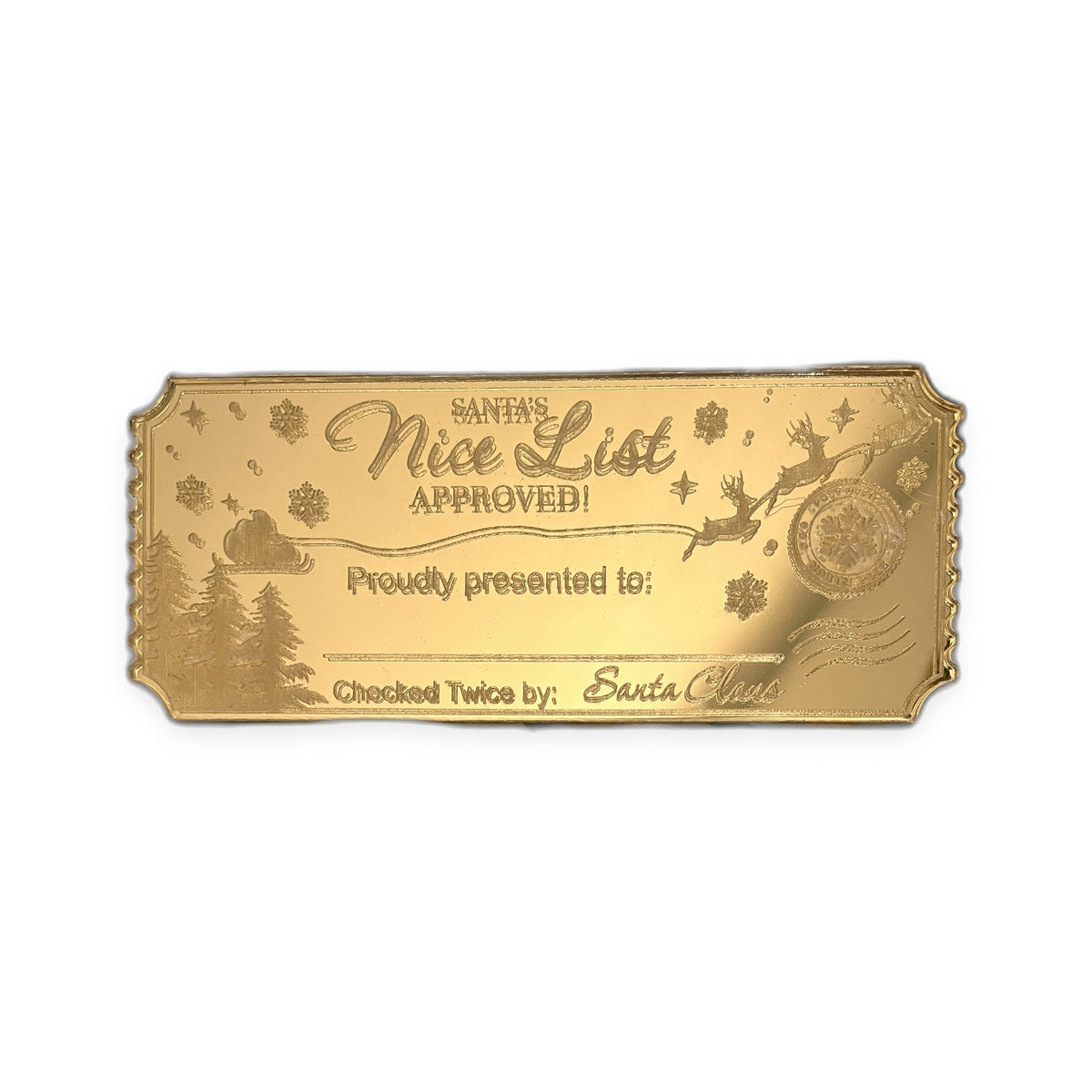 Personalized gold acrylic Santa's Nice List ticket - Nice List Approved sleigh design