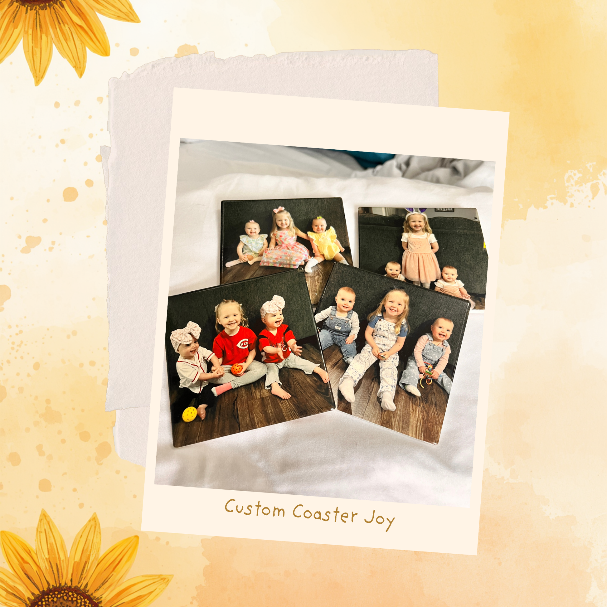 HSSJ Custom Photo Coasters - alternate angle of the personalized photo coaster set