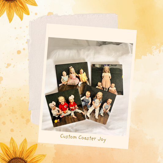HSSJ Custom Photo Coasters - branded hero shot of a personalized set of 4 sublimated photo coasters