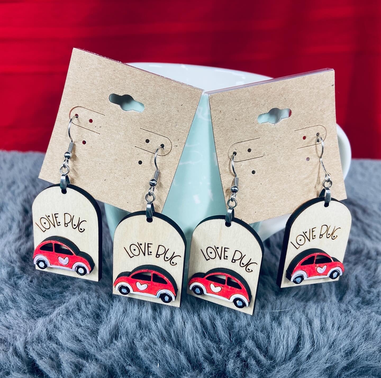 Love bug wood dangle earrings handmade unique statement jewelry