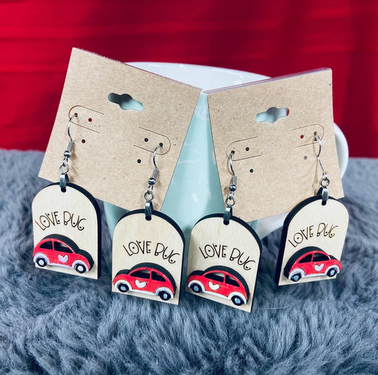 Love bug wood dangle earrings handmade unique statement jewelry