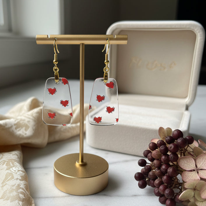 Patterned heart dangle earrings handmade acrylic love jewelry