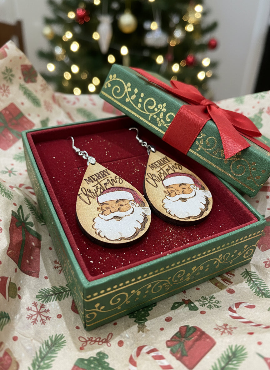 Merry Christmas Santa wooden dangle earrings handmade holiday jewelry