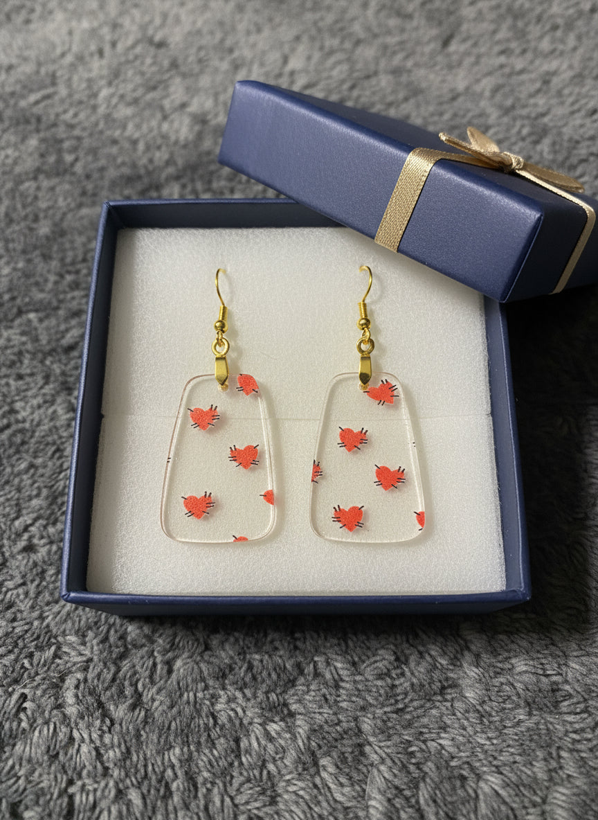 Clear heart acrylic dangle earrings handmade lightweight valentines jewelry