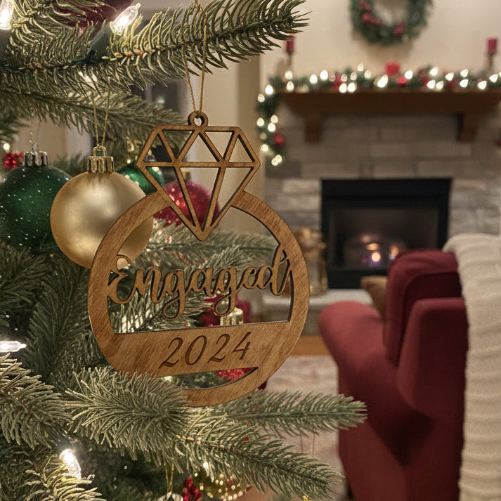 Engaged ornament wooden engagement ring keepsake Christmas gift