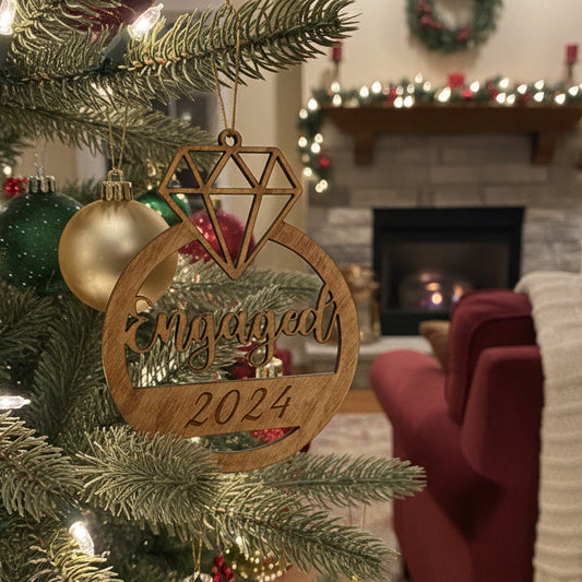 Engaged ornament wooden engagement ring keepsake Christmas gift