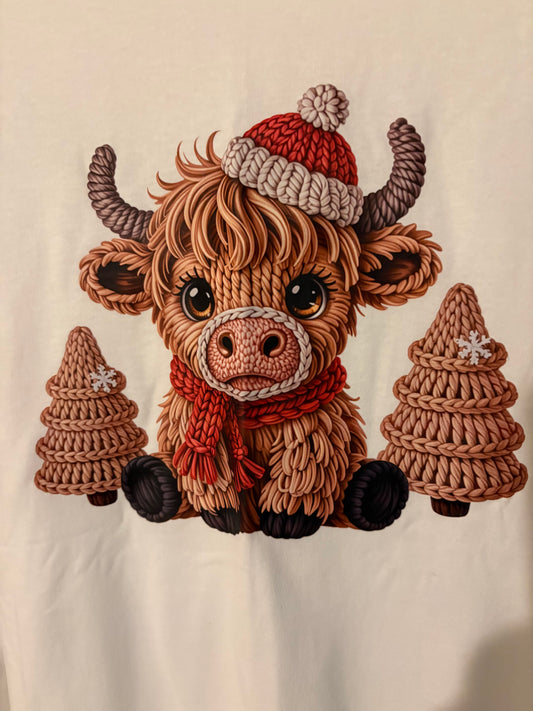 Cozy Highland Cow Christmas knit-style cute winter holiday shirt