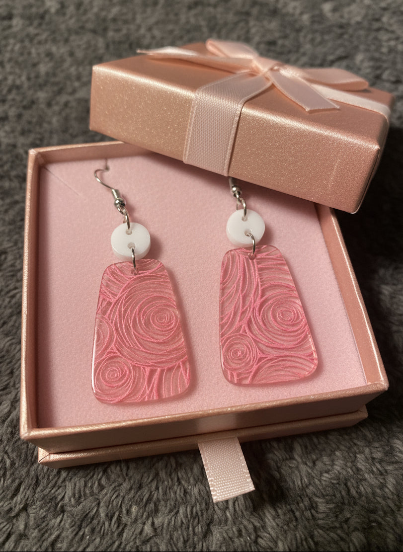 Pink swirl acrylic dangle earrings handmade lightweight statement jewelry