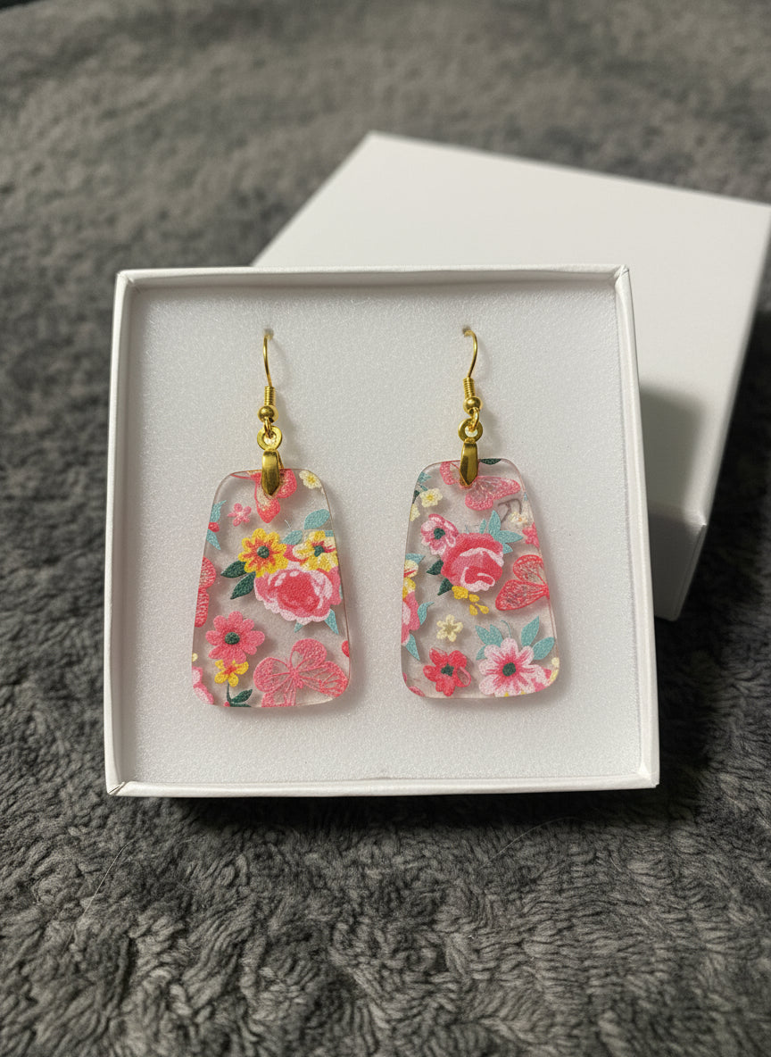 Floral garden acrylic dangle earrings handmade lightweight spring jewelry