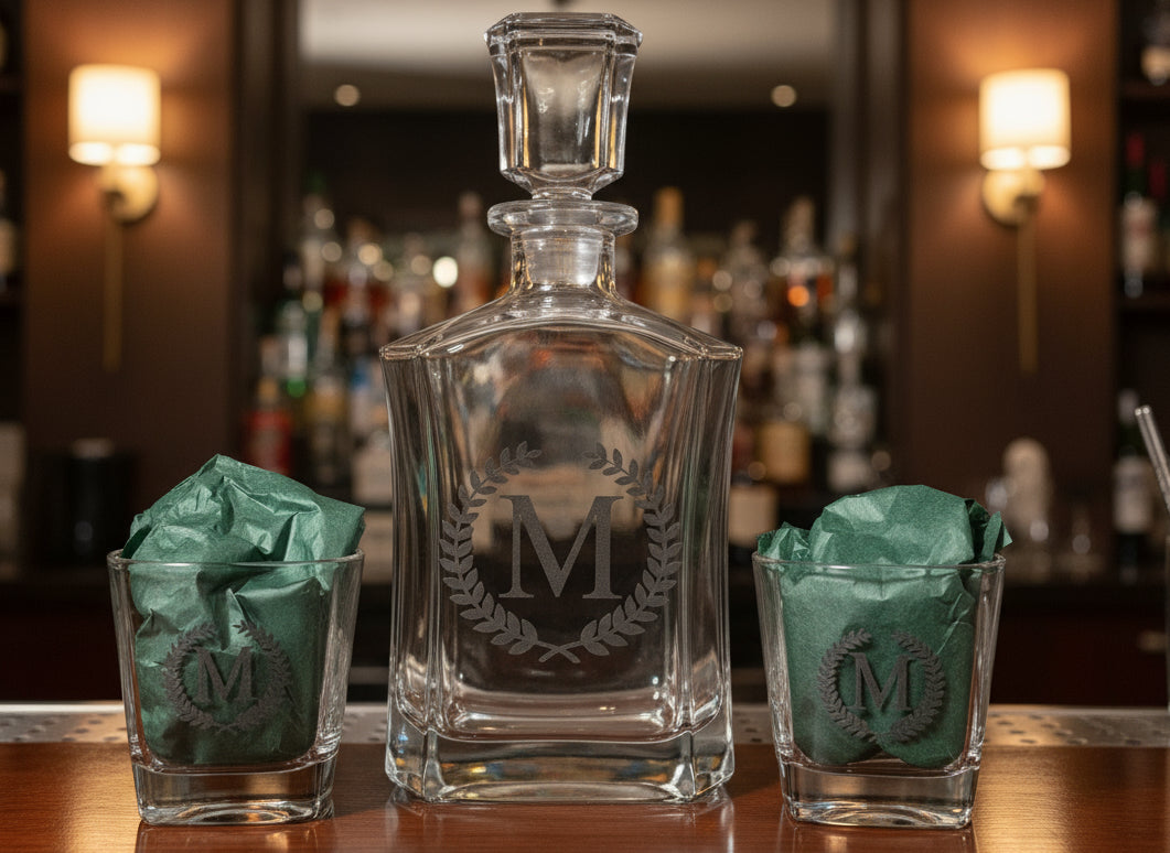 Personalized whiskey decanter set custom monogram engraved gift for him