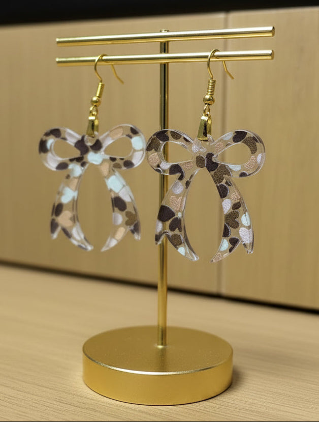 Heart bow acrylic drop earrings handmade neutral statement jewelry