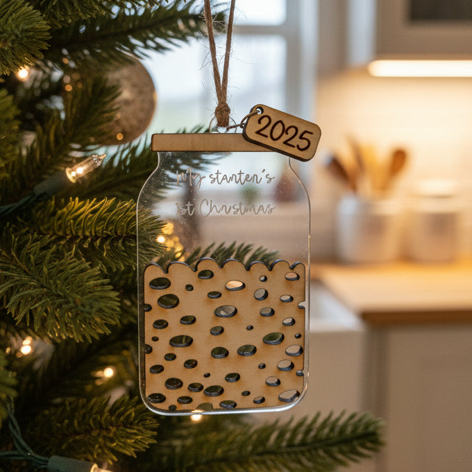 My Starter's First Christmas 2025 funny sourdough wooden ornament