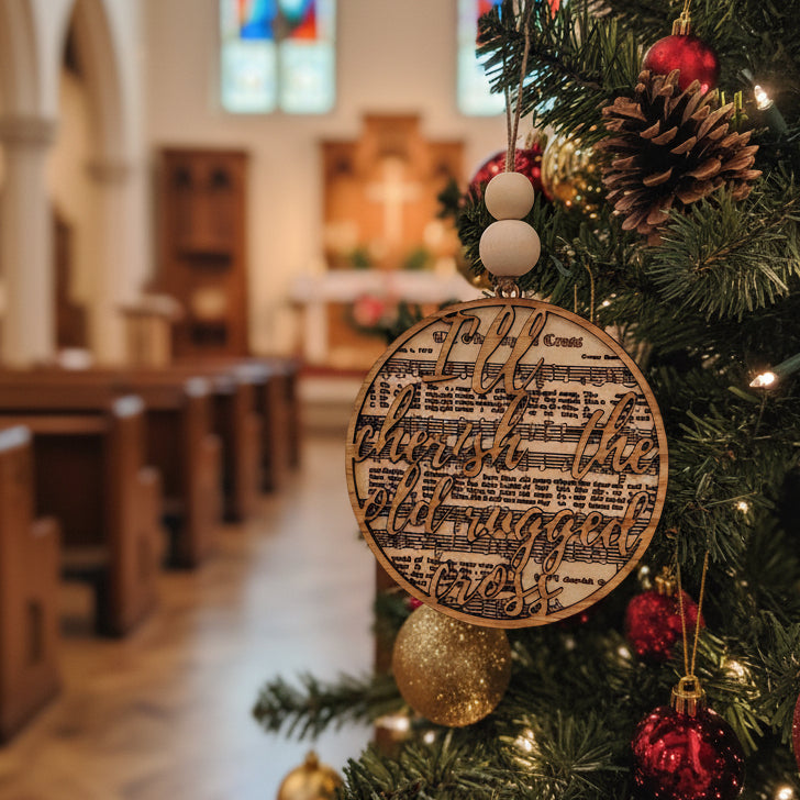 I'll Cherish the Old Rugged Cross wooden hymn Christmas ornament