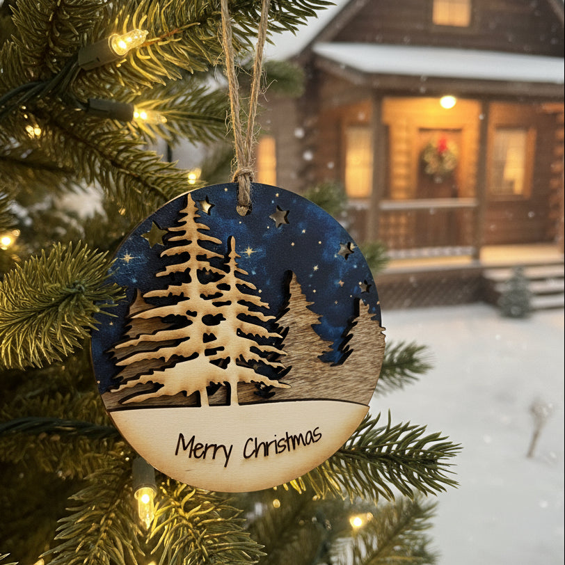 Woodland Night Merry Christmas rustic wooden ornament