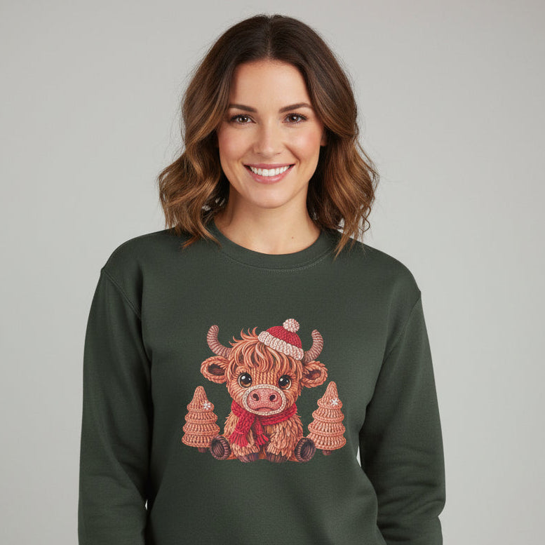 Cozy Highland Cow Christmas knit-style cute winter holiday shirt