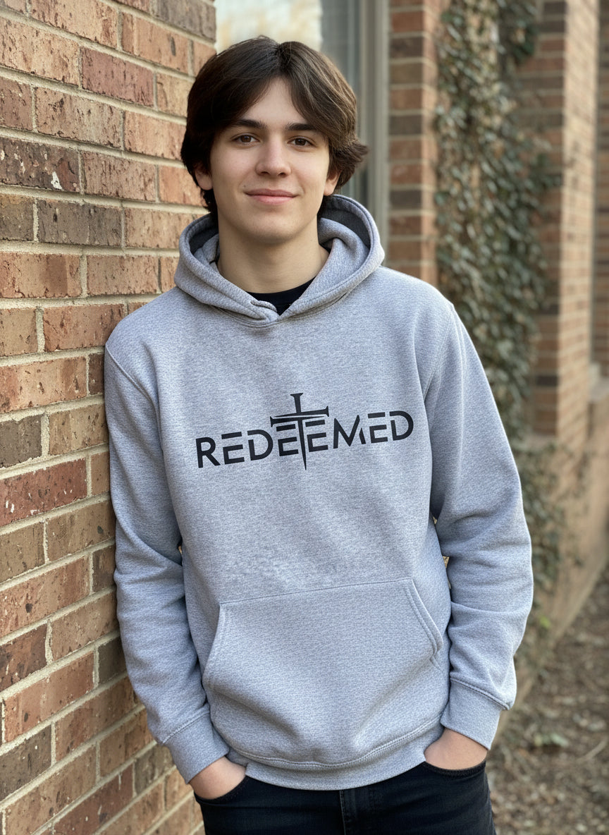 Redeemed faith hoodie with Christian cross design gray sweatshirt