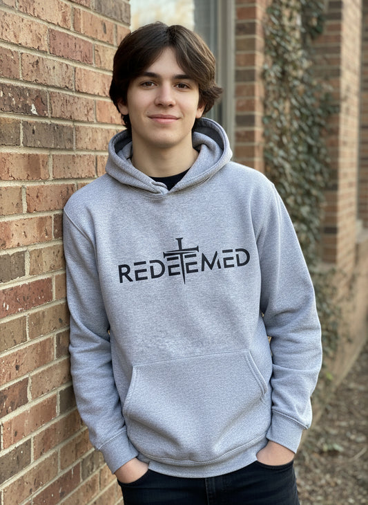 Redeemed faith hoodie with Christian cross design gray sweatshirt
