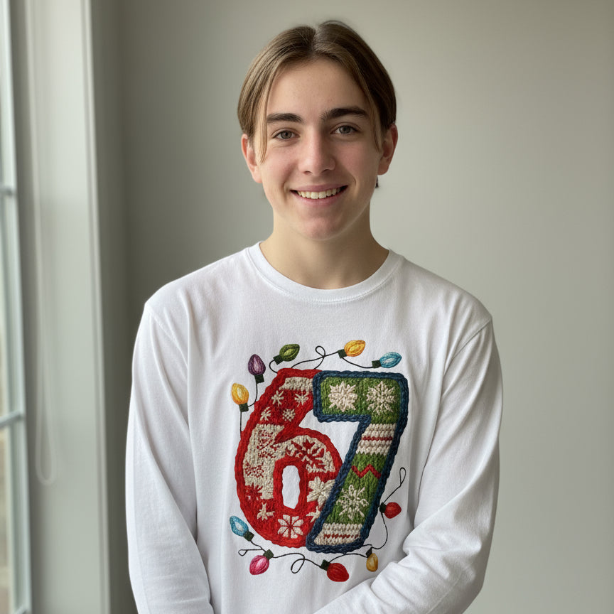 Festive 67 Christmas Lights cozy knit-style holiday shirt