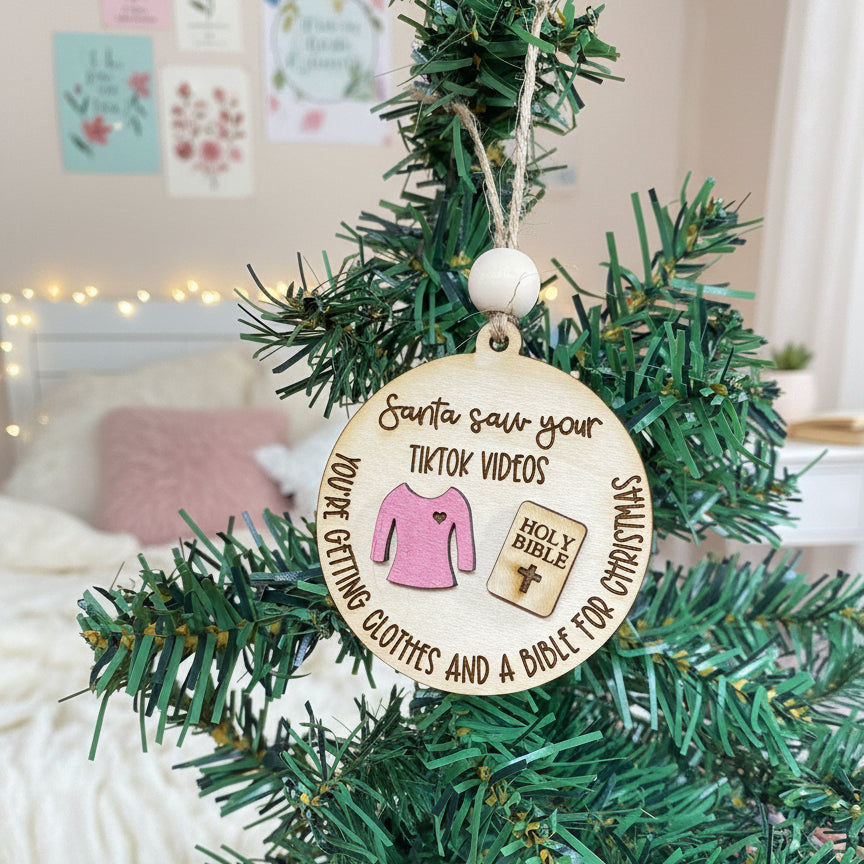 Santa Saw Your TikTok Videos funny wooden Christmas ornament stocking stuffer