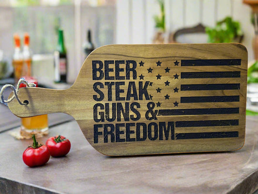 Beer Steaks Guns and Freedom engraved cutting board funny gift for him