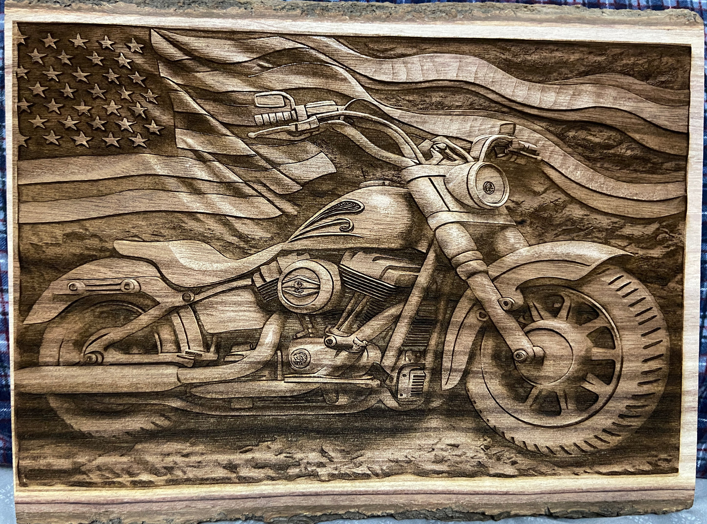 3D wood engraved motorcycle and American flag handmade decor gift