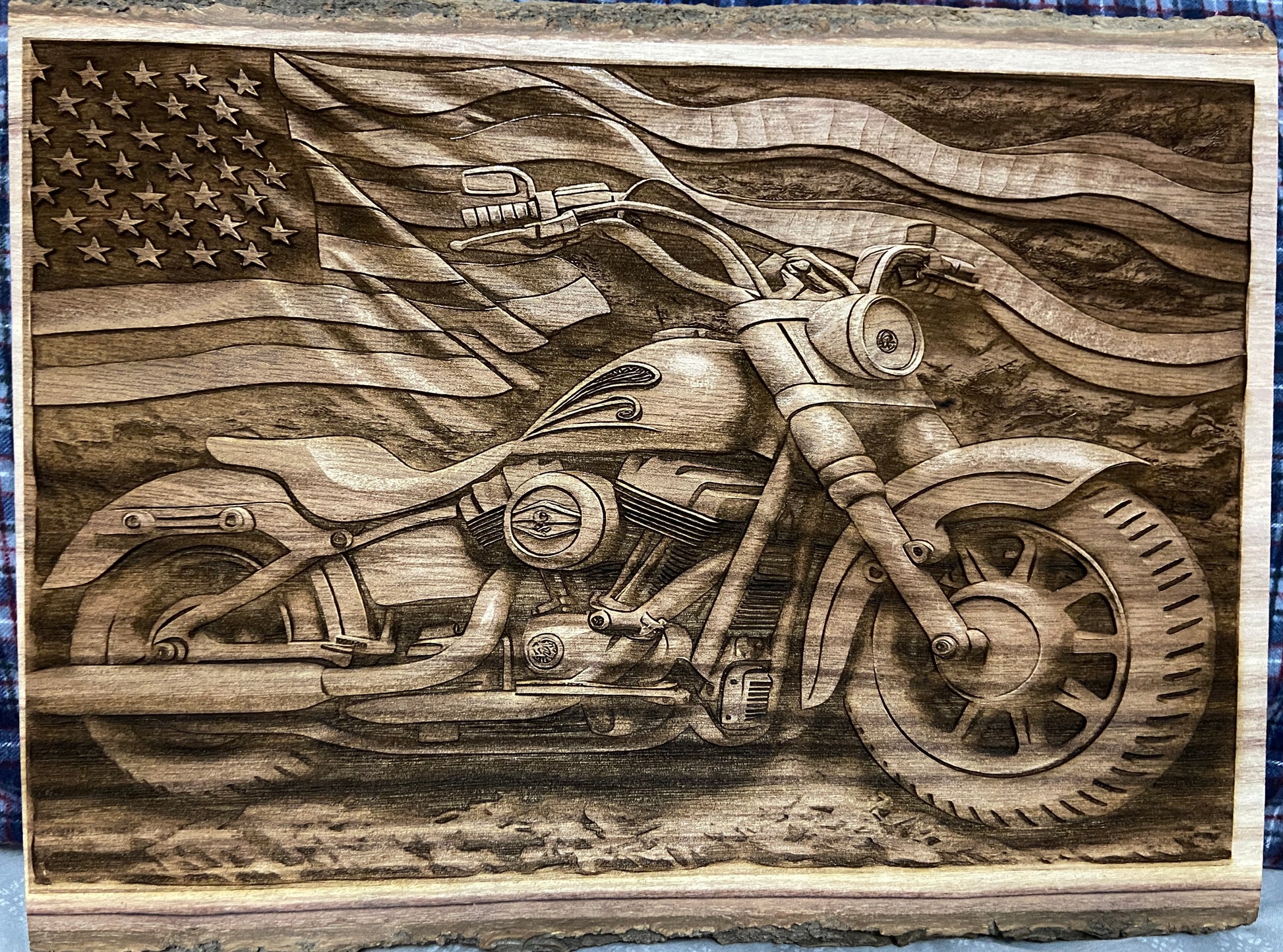 3D wood engraved motorcycle and American flag handmade decor gift