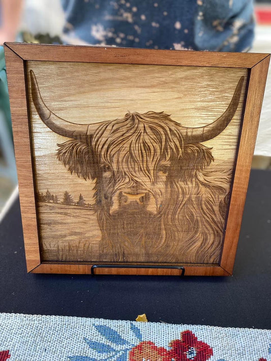 3D wood engraved highland cow handmade farmhouse decor gift