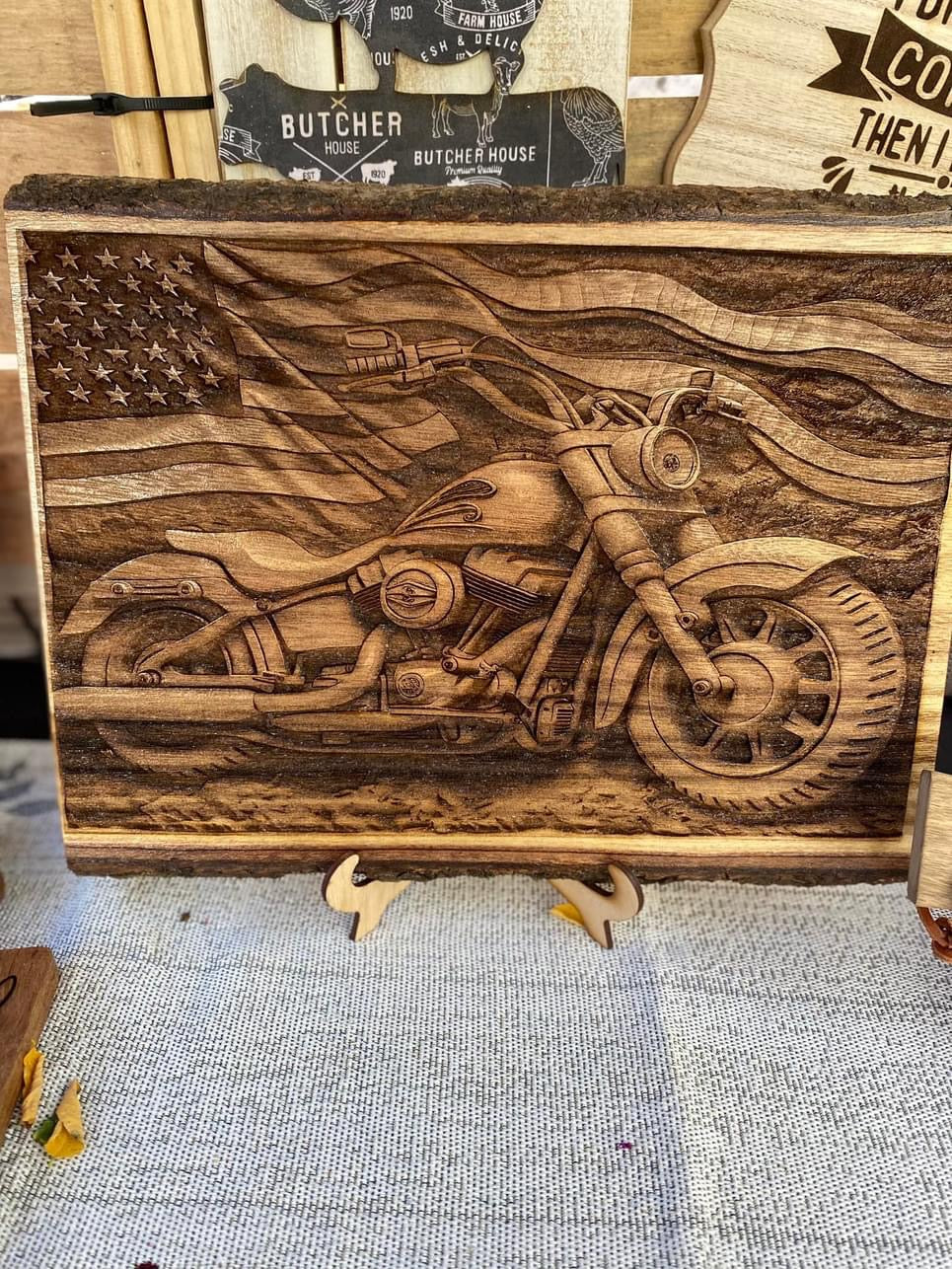 3D wood engraved motorcycle and American flag handmade decor gift