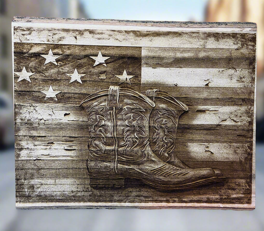 3D wood engraved cowboy boots and American flag handmade decor gift