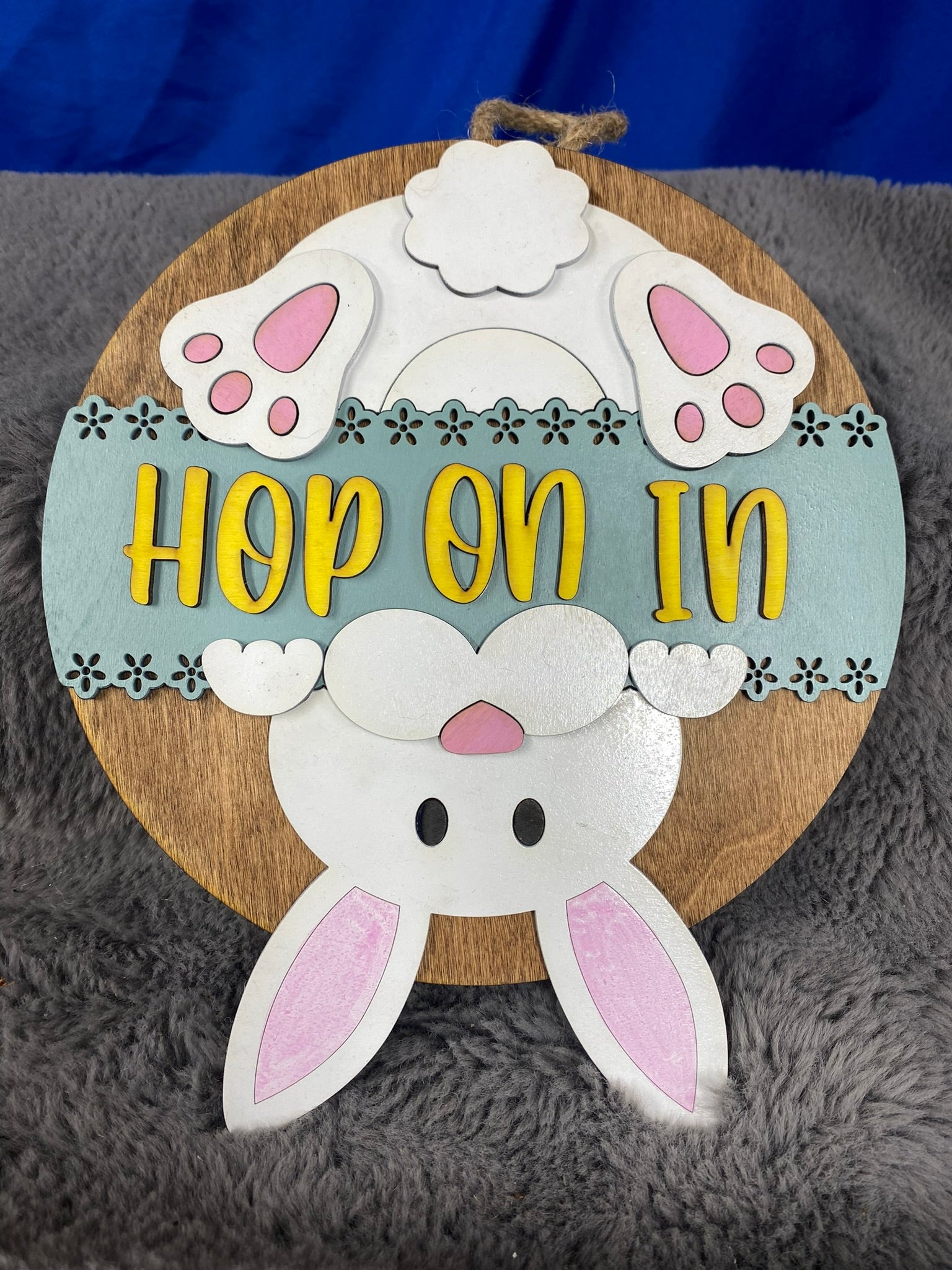 Hop On In Easter door hanger handmade spring home decor 10 inch