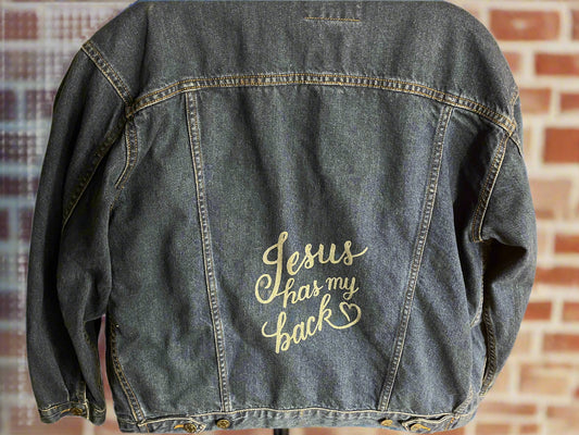 Jesus Has My Back Christian faith engraved denim jean jacket XL
