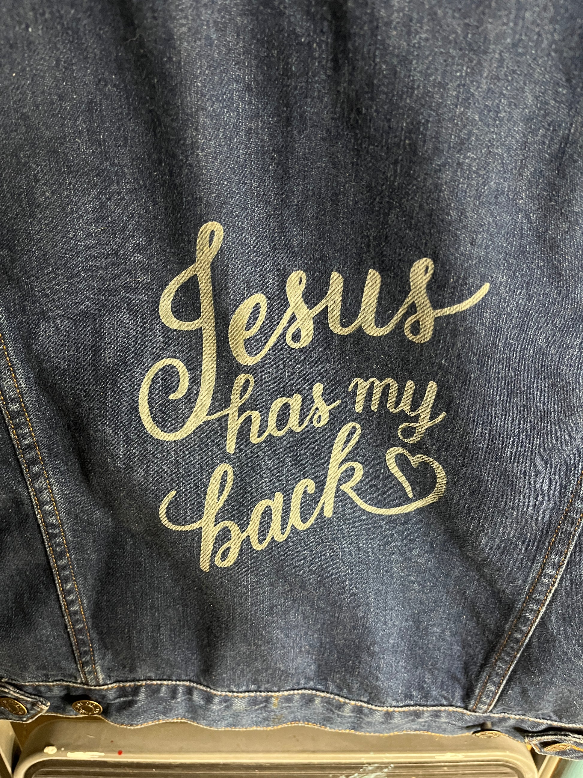 Jesus Has My Back Christian faith engraved denim jean jacket XL