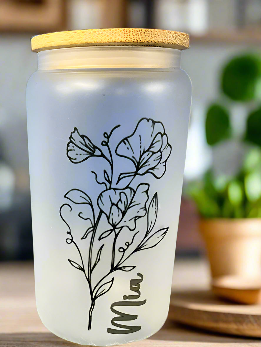 Personalized floral frosted glass mug custom name drinkware gift