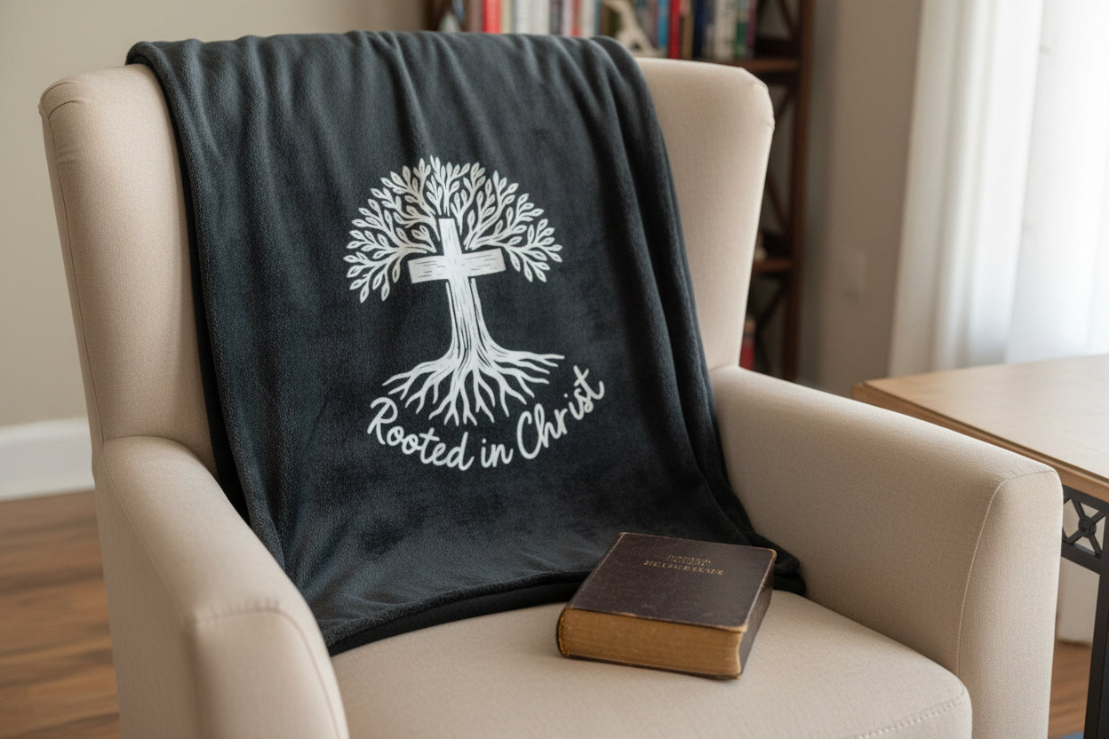 Rooted in Christ faith-inspired cozy plush blanket throw