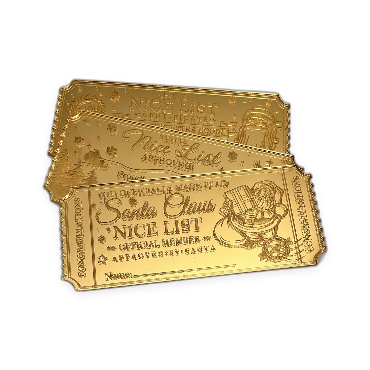 Set of 3 personalized Santa's Nice List laser-engraved gold acrylic tickets